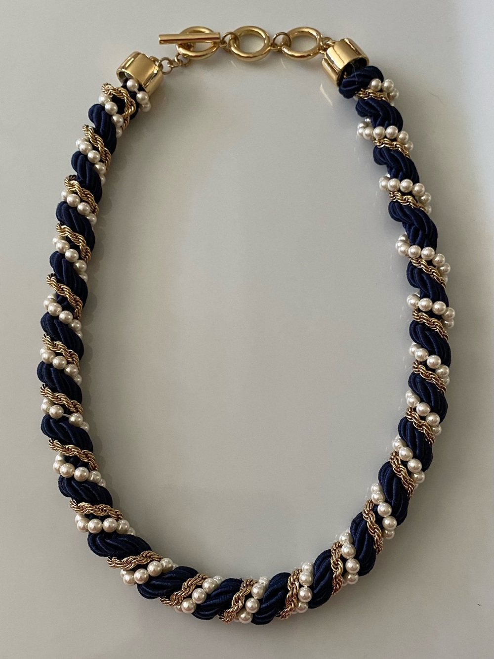 Talbots Navy, Gold and Pearl Twisted Rope Necklace